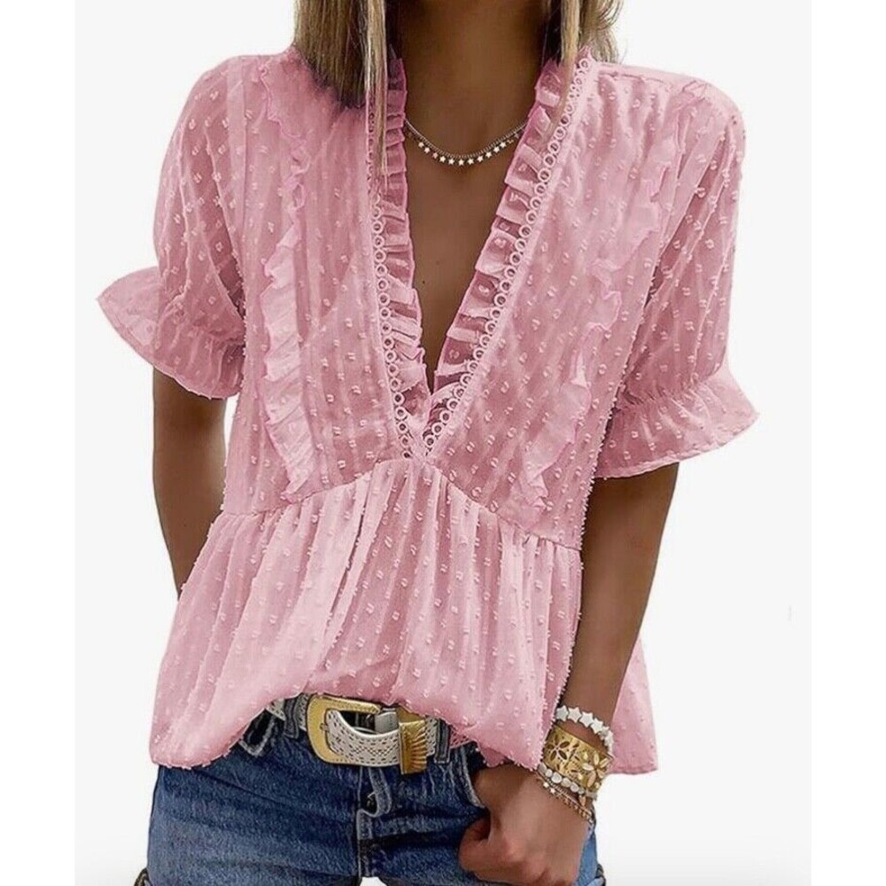 Happy Sailed Women Short Sleeve V Neck Frill Hem Loose Casual Ruffles Blouse Top